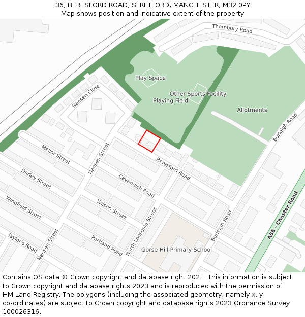 36, BERESFORD ROAD, STRETFORD, MANCHESTER, M32 0PY: Location map and indicative extent of plot