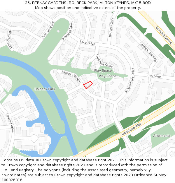 36, BERNAY GARDENS, BOLBECK PARK, MILTON KEYNES, MK15 8QD: Location map and indicative extent of plot