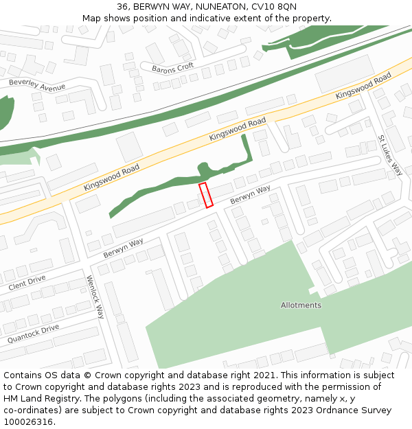 36, BERWYN WAY, NUNEATON, CV10 8QN: Location map and indicative extent of plot