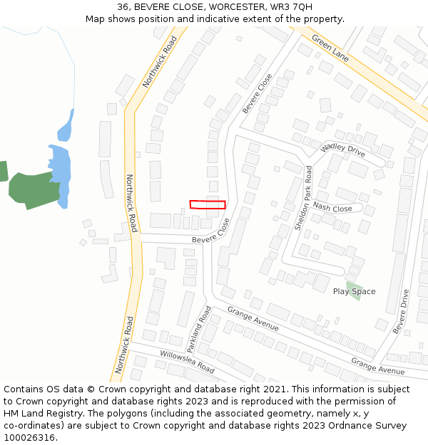 36, BEVERE CLOSE, WORCESTER, WR3 7QH: Location map and indicative extent of plot