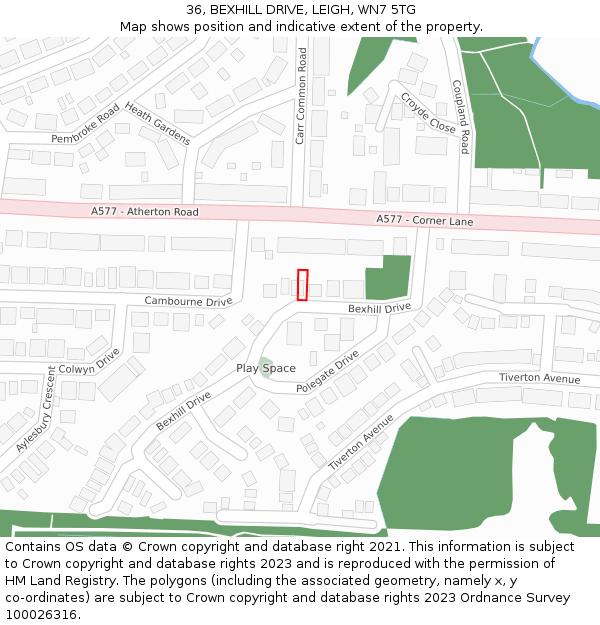 36, BEXHILL DRIVE, LEIGH, WN7 5TG: Location map and indicative extent of plot