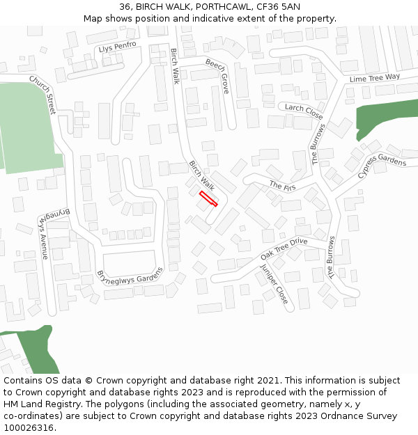 36, BIRCH WALK, PORTHCAWL, CF36 5AN: Location map and indicative extent of plot