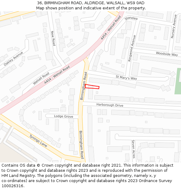 36, BIRMINGHAM ROAD, ALDRIDGE, WALSALL, WS9 0AD: Location map and indicative extent of plot