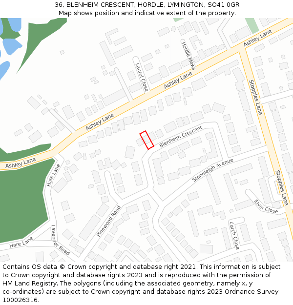 36, BLENHEIM CRESCENT, HORDLE, LYMINGTON, SO41 0GR: Location map and indicative extent of plot