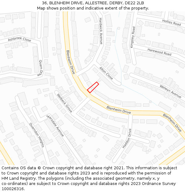 36, BLENHEIM DRIVE, ALLESTREE, DERBY, DE22 2LB: Location map and indicative extent of plot