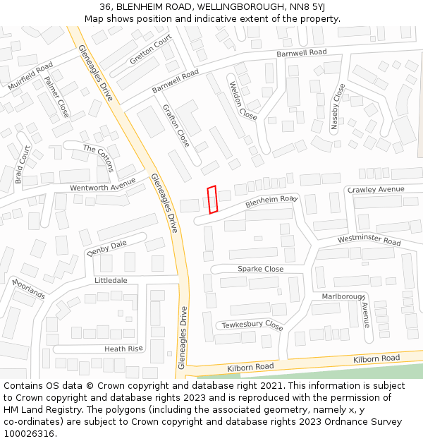 36, BLENHEIM ROAD, WELLINGBOROUGH, NN8 5YJ: Location map and indicative extent of plot