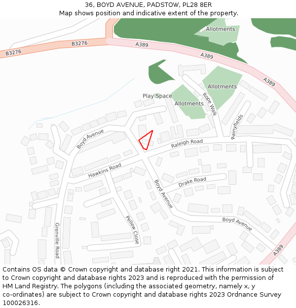 36, BOYD AVENUE, PADSTOW, PL28 8ER: Location map and indicative extent of plot