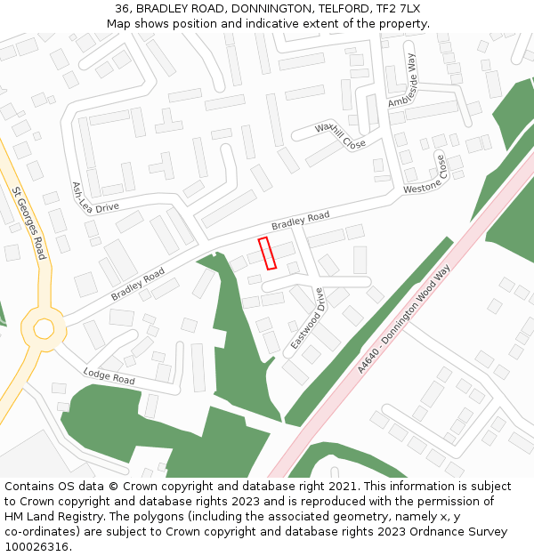 36, BRADLEY ROAD, DONNINGTON, TELFORD, TF2 7LX: Location map and indicative extent of plot