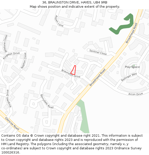 36, BRAUNSTON DRIVE, HAYES, UB4 9RB: Location map and indicative extent of plot