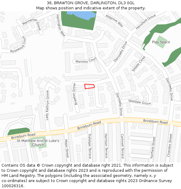 36, BRAWTON GROVE, DARLINGTON, DL3 0GL: Location map and indicative extent of plot