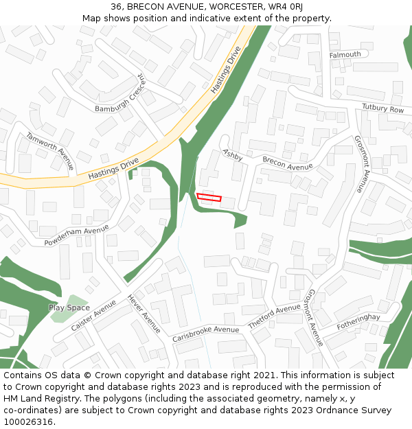 36, BRECON AVENUE, WORCESTER, WR4 0RJ: Location map and indicative extent of plot