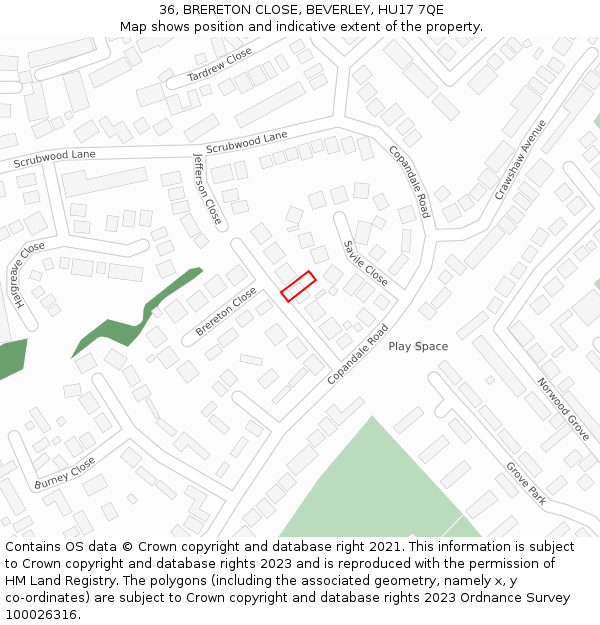 36, BRERETON CLOSE, BEVERLEY, HU17 7QE: Location map and indicative extent of plot