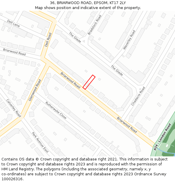 36, BRIARWOOD ROAD, EPSOM, KT17 2LY: Location map and indicative extent of plot