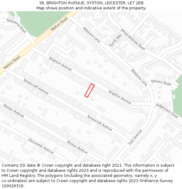36, BRIGHTON AVENUE, SYSTON, LEICESTER, LE7 2EB: Location map and indicative extent of plot