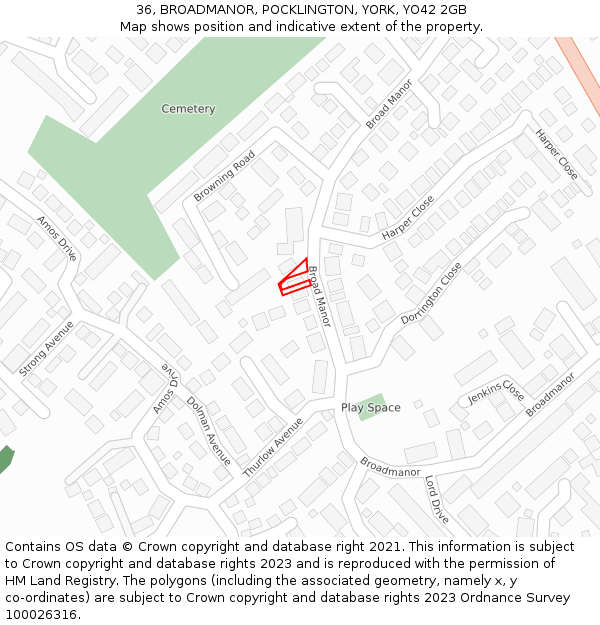 36, BROADMANOR, POCKLINGTON, YORK, YO42 2GB: Location map and indicative extent of plot