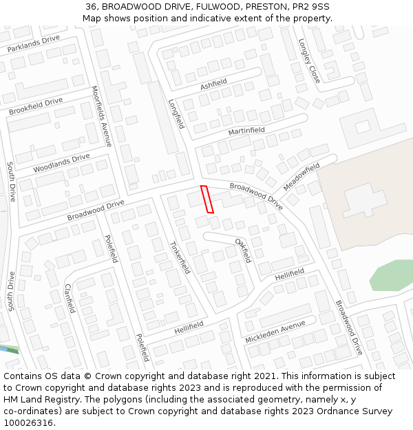 36, BROADWOOD DRIVE, FULWOOD, PRESTON, PR2 9SS: Location map and indicative extent of plot