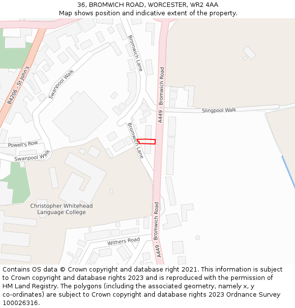 36, BROMWICH ROAD, WORCESTER, WR2 4AA: Location map and indicative extent of plot