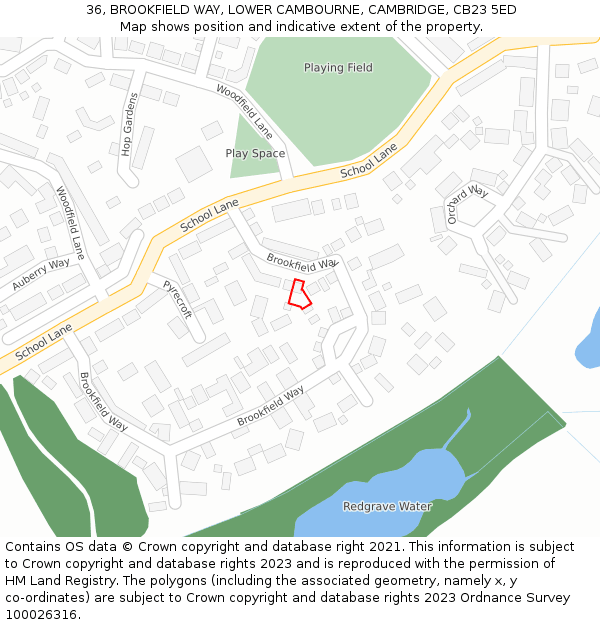 36, BROOKFIELD WAY, LOWER CAMBOURNE, CAMBRIDGE, CB23 5ED: Location map and indicative extent of plot