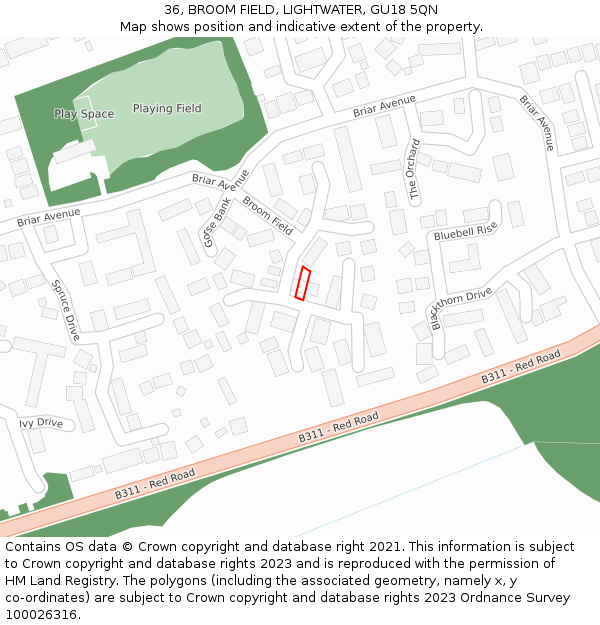 36, BROOM FIELD, LIGHTWATER, GU18 5QN: Location map and indicative extent of plot