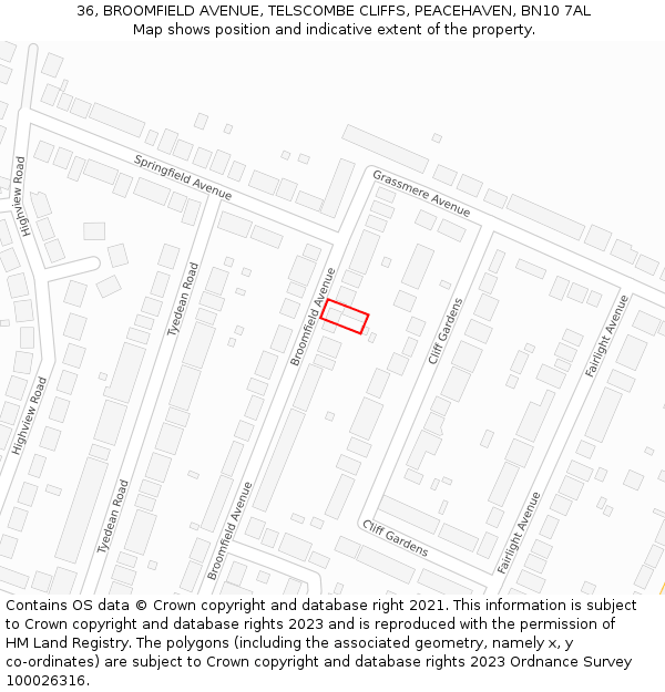 36, BROOMFIELD AVENUE, TELSCOMBE CLIFFS, PEACEHAVEN, BN10 7AL: Location map and indicative extent of plot