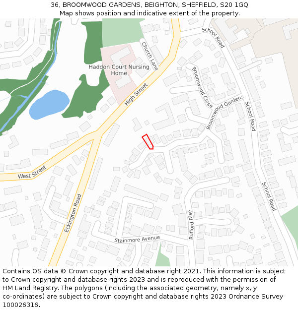 36, BROOMWOOD GARDENS, BEIGHTON, SHEFFIELD, S20 1GQ: Location map and indicative extent of plot