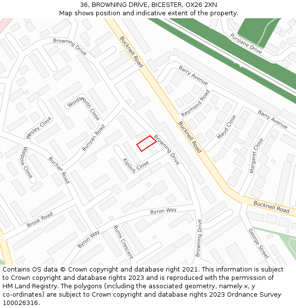 36, BROWNING DRIVE, BICESTER, OX26 2XN: Location map and indicative extent of plot