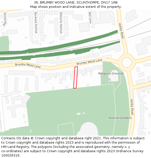 36, BRUMBY WOOD LANE, SCUNTHORPE, DN17 1AB: Location map and indicative extent of plot