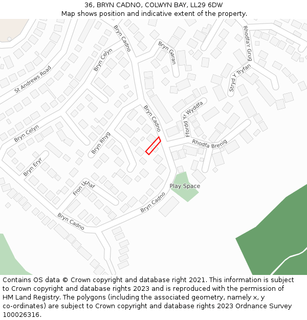 36, BRYN CADNO, COLWYN BAY, LL29 6DW: Location map and indicative extent of plot