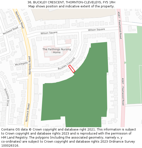 36, BUCKLEY CRESCENT, THORNTON-CLEVELEYS, FY5 1RH: Location map and indicative extent of plot