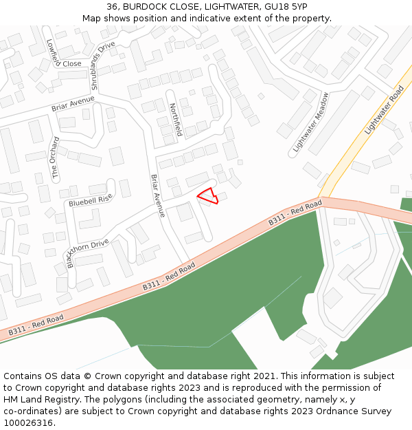 36, BURDOCK CLOSE, LIGHTWATER, GU18 5YP: Location map and indicative extent of plot