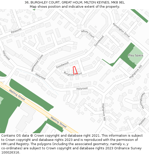 36, BURGHLEY COURT, GREAT HOLM, MILTON KEYNES, MK8 9EL: Location map and indicative extent of plot