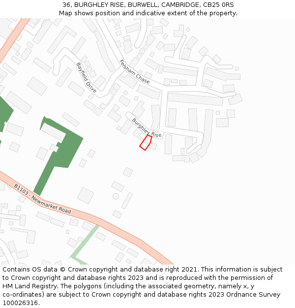 36, BURGHLEY RISE, BURWELL, CAMBRIDGE, CB25 0RS: Location map and indicative extent of plot