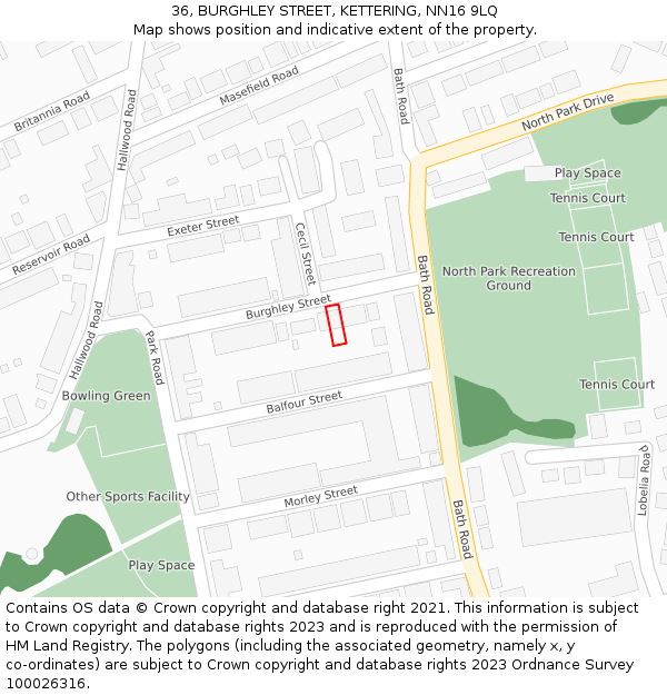 36, BURGHLEY STREET, KETTERING, NN16 9LQ: Location map and indicative extent of plot