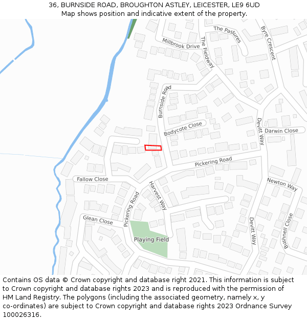 36, BURNSIDE ROAD, BROUGHTON ASTLEY, LEICESTER, LE9 6UD: Location map and indicative extent of plot