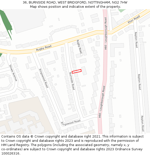 36, BURNSIDE ROAD, WEST BRIDGFORD, NOTTINGHAM, NG2 7HW: Location map and indicative extent of plot