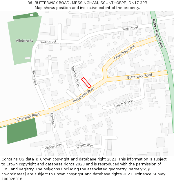 36, BUTTERWICK ROAD, MESSINGHAM, SCUNTHORPE, DN17 3PB: Location map and indicative extent of plot