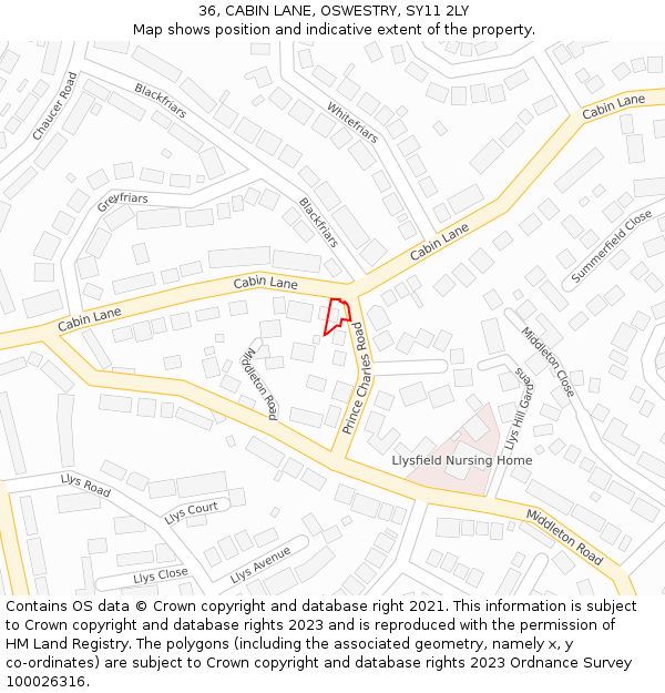 36, CABIN LANE, OSWESTRY, SY11 2LY: Location map and indicative extent of plot