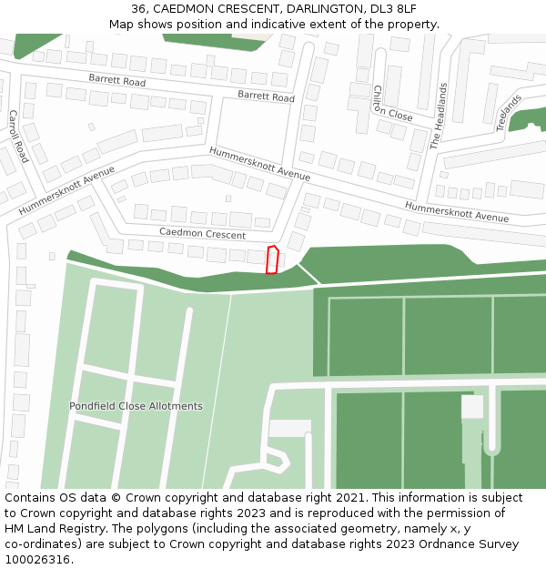 36, CAEDMON CRESCENT, DARLINGTON, DL3 8LF: Location map and indicative extent of plot