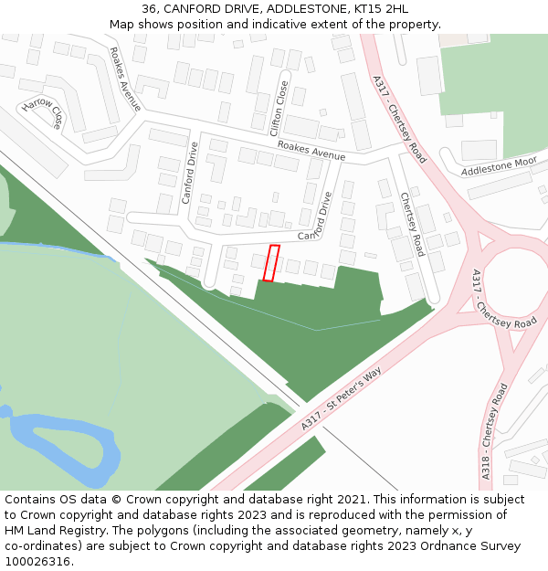 36, CANFORD DRIVE, ADDLESTONE, KT15 2HL: Location map and indicative extent of plot