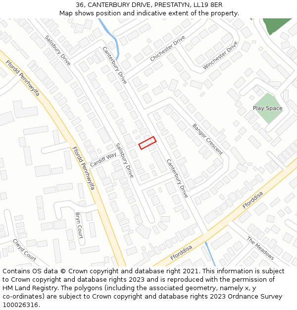 36, CANTERBURY DRIVE, PRESTATYN, LL19 8ER: Location map and indicative extent of plot