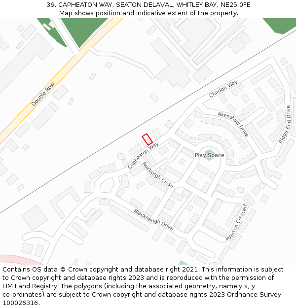 36, CAPHEATON WAY, SEATON DELAVAL, WHITLEY BAY, NE25 0FE: Location map and indicative extent of plot