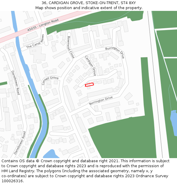 36, CARDIGAN GROVE, STOKE-ON-TRENT, ST4 8XY: Location map and indicative extent of plot