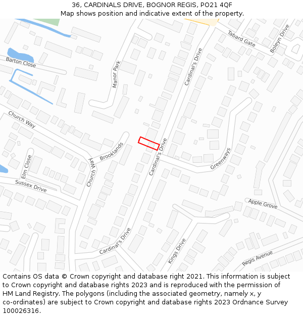 36, CARDINALS DRIVE, BOGNOR REGIS, PO21 4QF: Location map and indicative extent of plot