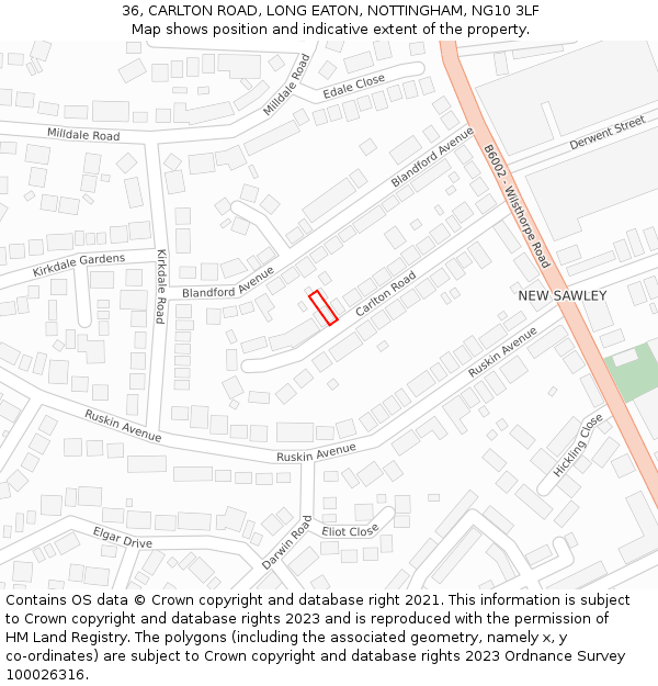 36, CARLTON ROAD, LONG EATON, NOTTINGHAM, NG10 3LF: Location map and indicative extent of plot