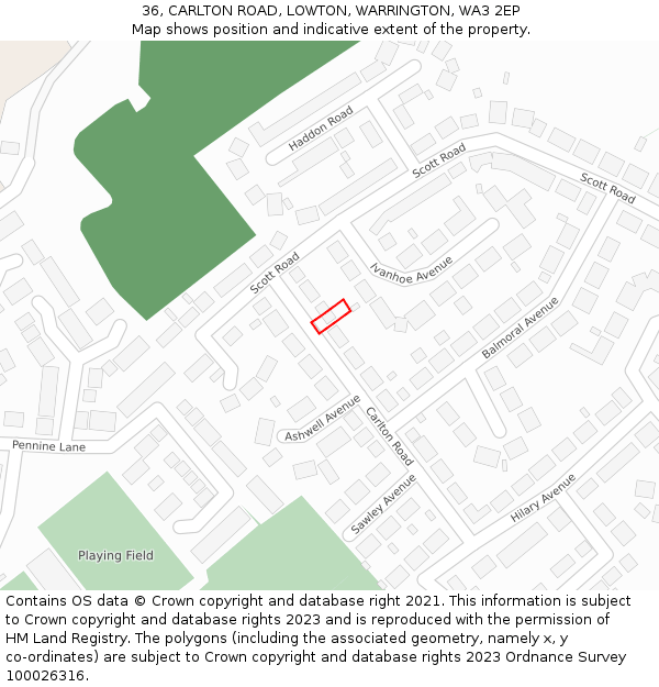 36, CARLTON ROAD, LOWTON, WARRINGTON, WA3 2EP: Location map and indicative extent of plot