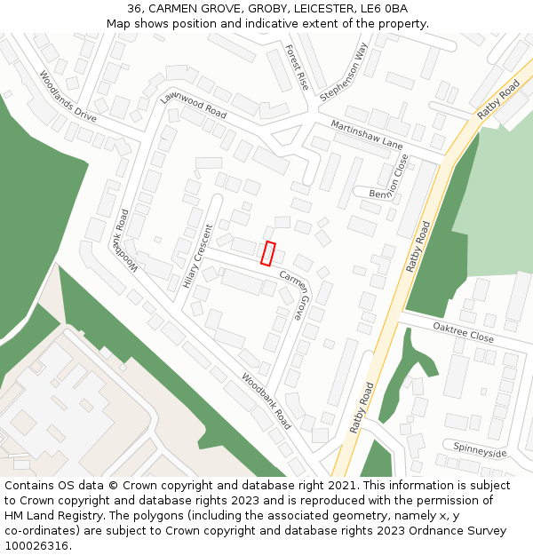 36, CARMEN GROVE, GROBY, LEICESTER, LE6 0BA: Location map and indicative extent of plot