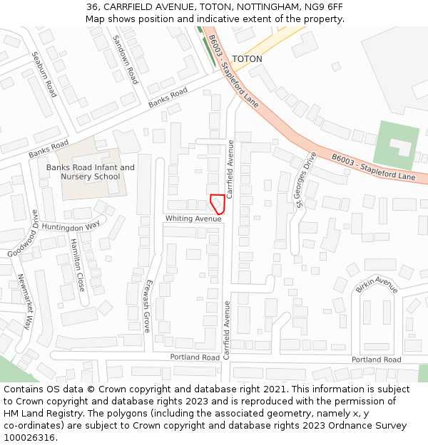 36, CARRFIELD AVENUE, TOTON, NOTTINGHAM, NG9 6FF: Location map and indicative extent of plot