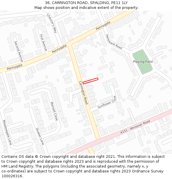 36, CARRINGTON ROAD, SPALDING, PE11 1LY: Location map and indicative extent of plot