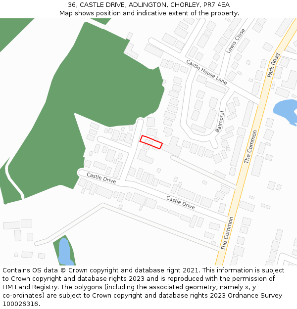 36, CASTLE DRIVE, ADLINGTON, CHORLEY, PR7 4EA: Location map and indicative extent of plot