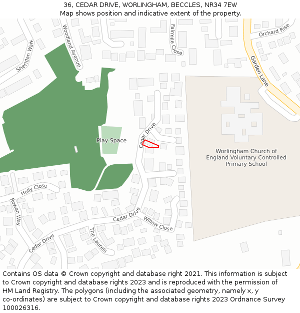 36, CEDAR DRIVE, WORLINGHAM, BECCLES, NR34 7EW: Location map and indicative extent of plot